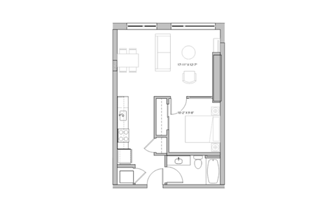 Floor plan for 1 bed, 1 bath, 629 sqft